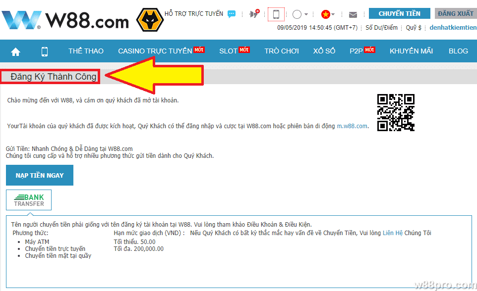 Thông tin đăng ký tại W88 thành công